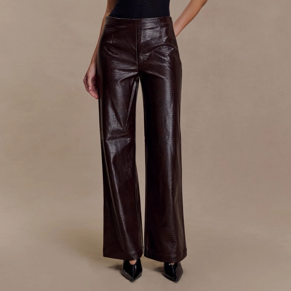 MESHKI Henry Croc Faux Leather Straight Leg Pants - Dark Chocolate (NWT)